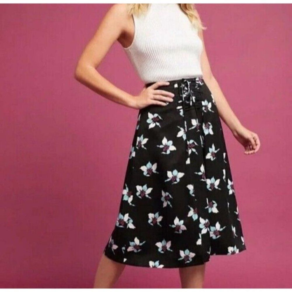 Anthropologie Maeve Skirt Black Floral Midi Corset Lace Up Petite X-Small